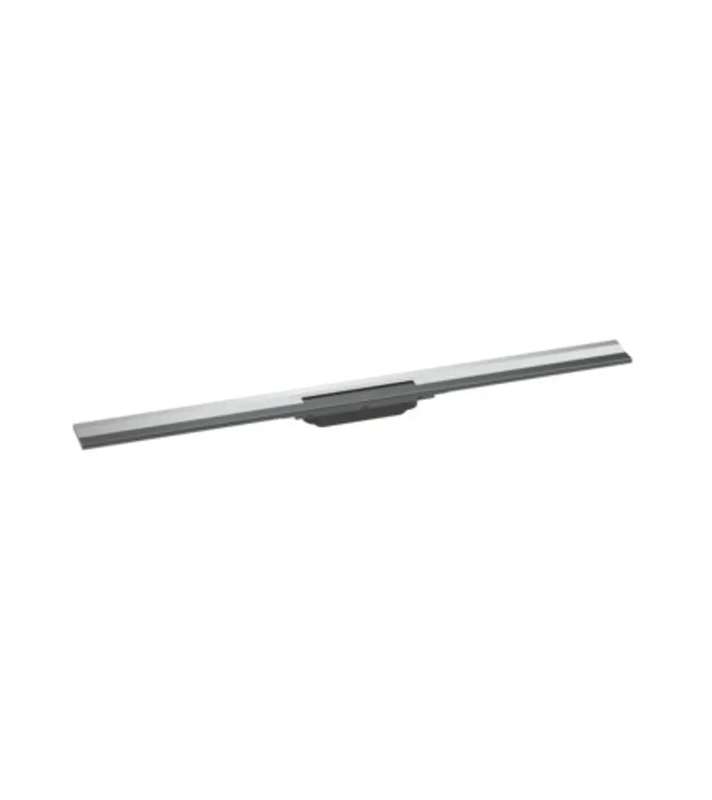 Duschrinne von Hansgrohe in chromfarbenem Finish, mit gerader, schmaler Form. Geeignet für die Wandmontage, klippbare Länge.